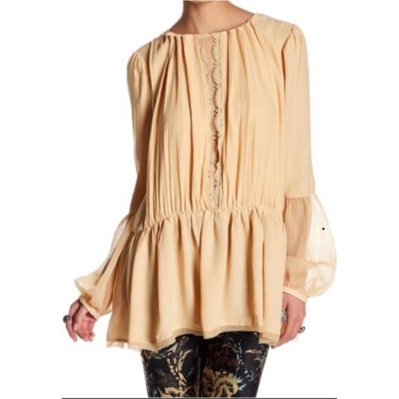 Free People Yellow Soul Serene Mesh‎ Cutout Boho Peplum Tunic Blouse Size Medium - Picture 1 of 12